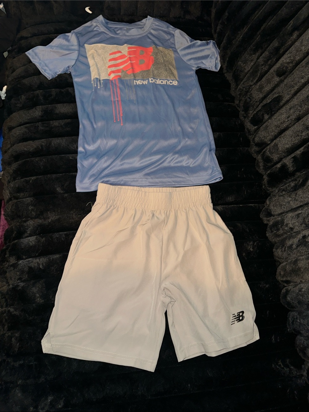 New Balance Blue Graphic Tee with Tan Athletic Shorts